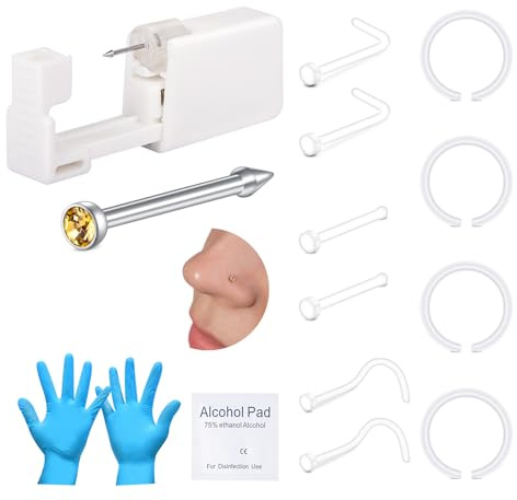 AVYRING Näspiercing kit, piercingpistol inbyggd olika nässtift, smärtfritt självpiercingkit med 20 g genomskinliga nässtift, engångspiercing för hemmet näsa piercing