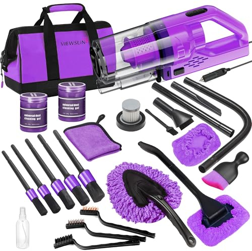 Viewsun Kit de Limpieza de Coche de 17 Piezas, Kit de Detalles Interiores de automóvil Morado con aspiradora de Mano de Alta Potencia, Juego de cepillos de Detalles, Limpiador de Parabrisas, Gel de