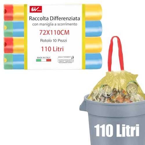 HW CASA Lot de 40 sacs poubelle écologiques de 110 L en LDPE recyclés, sacs à ordures parfumés avec poignée coulissante, équipés d'un système anti-goutte, parfaits pour la maison, bleu jaune