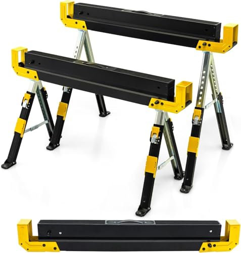 FANTASK Set di 2 cavalletti da lavoro, regolabili in altezza, portata fino a 1180 kg, con maniglia, pieghevole, in PVC, antiscivolo, colore: giallo e nero