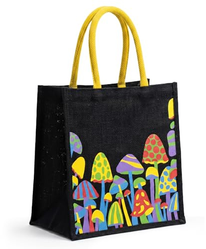 Shared Earth Jute Tote Bag Black Mushroom Print 30 x 30 x 20 cm | Reusable Shopping Bag with Padded Handles | Natural Fibre Grocery Beach Travel Bag for Women Eco Friendly