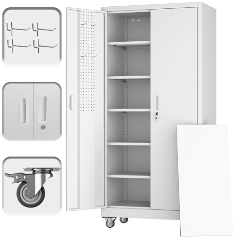 Reemoon Metal Garage Storage Cabinet with Wheels, Rolling Steel Storage Cabinet with 5 Adjustable Shelves and Pegboard for Garage Home Utility Room,Required Assembly,White,71 H×34 W×18 D