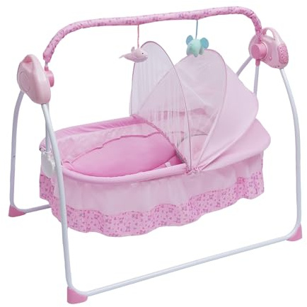 Electric Baby Cradle 5 Speed Intelligent Control Rocking Bluetooth Lullabies Foldable Portable 55lbs Capacity Breathable Mosquito Net Safety Straps For 0-18 Months Nursery Living Room (Pink)