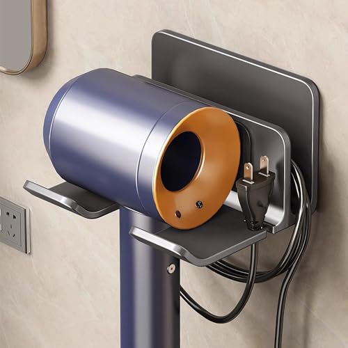Vyranut Soporte de Pared para Secador de Pelo Sin Taladro – Porta Secador de Aluminio Espacial con Ranura para Cable, Antideslizante y Ahorra Espacio para Baño, 145 × 102 × 74 mm