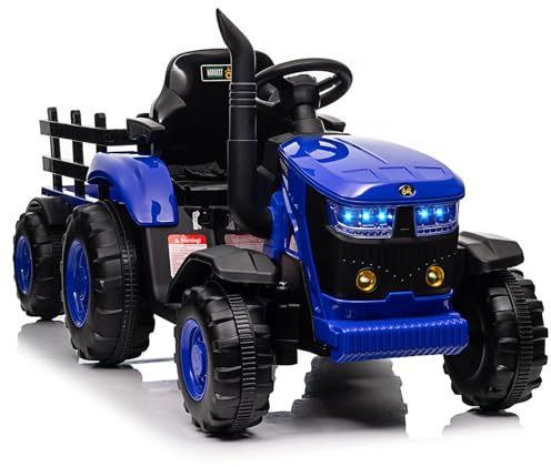 RBFGYIOP Tractor eléctrico Infantil 12 V Remolque extraíble - Motor Doble 35 W - 3 velocidades Control Remoto Parental - Música MP3/inalámbrica/USB - Luces - 6 Ruedas Juguete Montar (Azul)