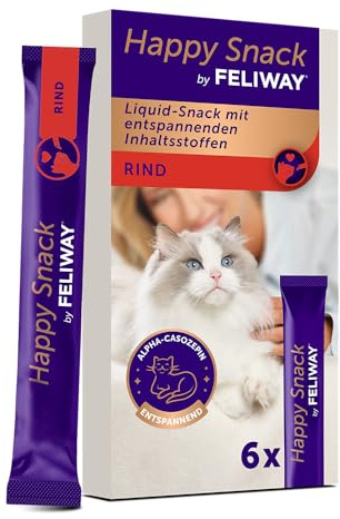 Happy Snack by FELIWAY - läckra och lugnande godis för katter - låda med 6 pinnar med nötköttssmak - hjälper katter att känna sig lugnare och utvecklar affektiva band