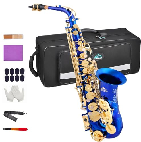 EASTROCK Dark Blue/Golden Alto Saxophone E Flat Sax Full Kit for Students Beginner with Carrying Case,Mouthpiece,Mouthpiece Cushion Pads,Cleaning Cloth&Cleaning Rod,White Gloves,Neck Strap
