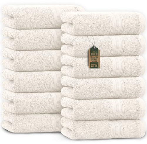 NatureMark Toallas de Invitado – Pack de 12 (30x50 cm), 100% Algodón, Certificación Oeko-Tex, Suaves, absorbentes y fáciles de cuidar – para baño, Invitados y SPA – Color Natural/Crema