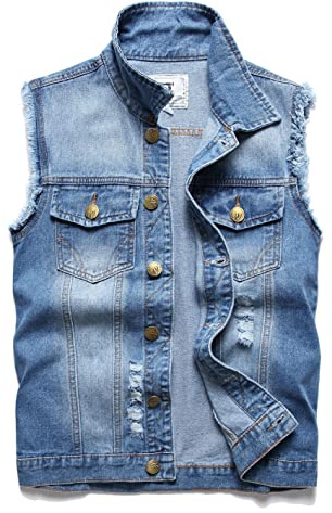 Ginsiom Men's Denim Vest,Sleeveless Jacket Slim Fit Vintage distressed Casual Ripped Summer Jean Vest for Men
