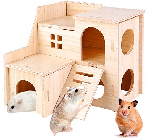 Vegena Hamster Eckhaus - Holz Hamsterhaus mit Leiter, 2 Etagen Hamster Versteck für Kleine Haustiere wie Zwerghamster, Rennmäuse, Degus, Stachelmäuse
