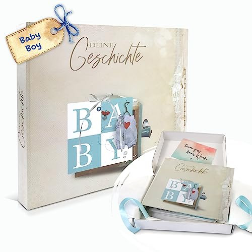Babyalbum Deine Geschichte - Baby Erinnerungsbuch zum Eintragen und Selbstgestalten - von Geburt an bis zur Einschulung - Fotoalbum für Junge - Geschenk zur Geburt