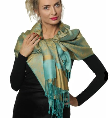 PashminaShine-Écharpe douce comme du cachemire et légère comme de la soie-Avec motif Paisley-Écharpe pour femme-200 x 70 cm (bleu vert)