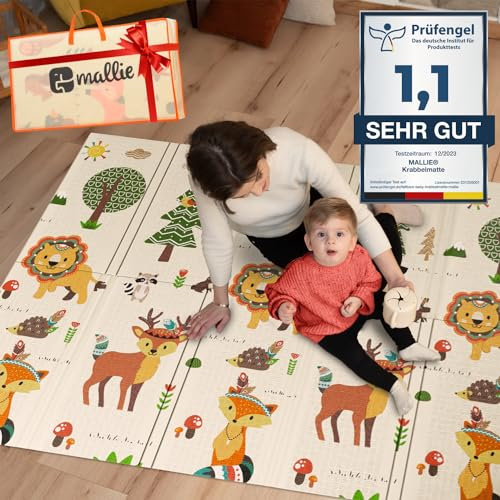 Mallie® Spielmatte Baby Faltbar inkl. Gratis Tragetasche 180x150x1cm [100% BPA- und Schadstoff-Frei] Doppelseitige Krabbelmatte Baby, Krabbeldecke Baby I Baby Play Mat, Spielmatte Baby Faltbar