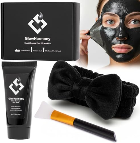 GlowHarmony Black Charcoal Peel-Off Mask Complete Kit - Deep Cleansing Treatment for Clear Skin, Removes Dirt and Oil, Includes Brush and Headband