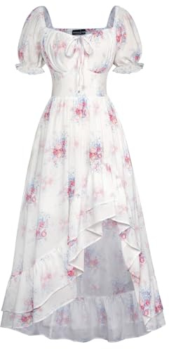 Scarlet darkness kvinnor viktoriansk blommig klänning puff ärmar smockad fyrkantig hals sommar korsett klänning, Vit rosa blommig, XXL