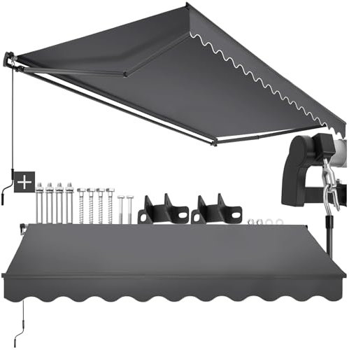 tectake® Store banne Manuel Marquise avec Manivelle Auvent de terrasse Pare Soleil Multi-Fonction Store Exterieur terrasse Enroulable Brise Soleil en Aluminium laqué époxy - Gris foncé, 300 x 250 cm