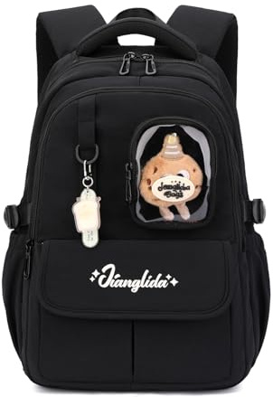 Amythe Sac à Dos pour Fille - Sac à Dos École Primaire et Collège - Cartable Fille Enfants Léger et Résistant avec Accessoires Mignons - Compatible Trolley -Noir