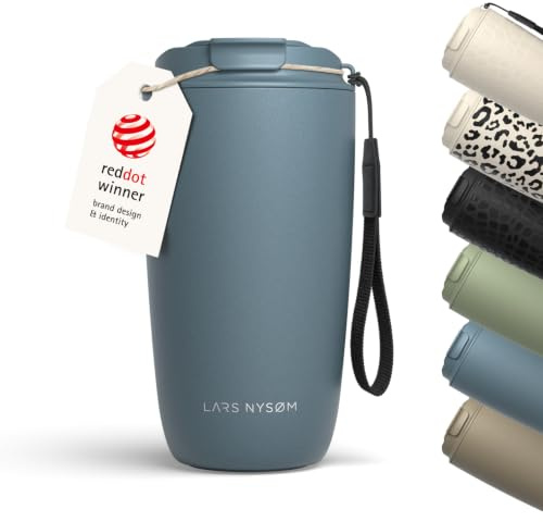 LARS NYSØM Taza térmica café para llevar con correa y Tapa Tritan | Termo Café de 0,5 litros con aislante | Travel mug de acero inoxidable a prueba de fugas (Stone Blue, 500ml)