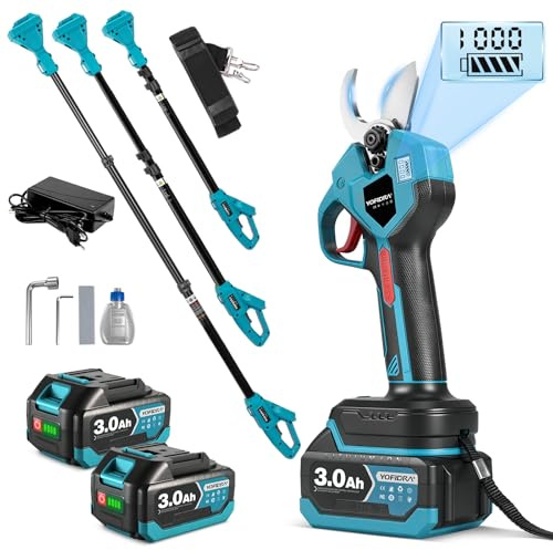 Yofidra 2-i-1 batteridriven grensax teleskop, borstlös motor, 32 mm snitt, elektrisk grensax med 2 x 3,0 Ah-batterier, LCD-skärm, SK5-blad, teleskophandtag 1,2–2 m, trädgårdssax för grenar, fruktträd