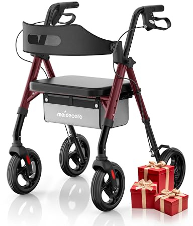 Andador para Ancianos con Asiento Plegable, Manillar y Asiento Regulables en Altura, Caminadores para Mayores, Ayuda para Caminar Ligera con Freno, Ruedas 8 Todoterreno, Rojo Oscuro