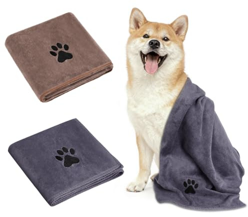 Adiwo 2 Serviette pour Chien Extra Absorbante, 100x50cm Moyen Serviette de Bain pour Chien, Serviettes pour Chiens Microfibre Serviettes Chiens Douce pour Bain, Baignade, Jours de Pluie, Gris+Camel