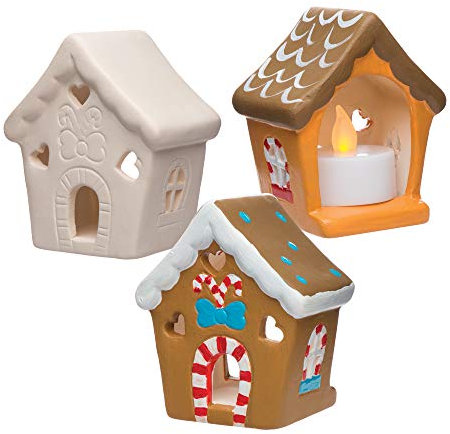 Baker Ross Portavelas de cerámica con Forma de Casita de Jengibre (Paquete de 3) Manualidades Decorativas navideñas para niños