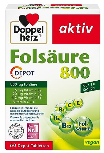 Doppelherz Folsäure 800 - Mit Vitamin C, B6 und B12 zur Unterstützung der normalen Funktion des Immunsystems - 60 DEPOT-Tabletten