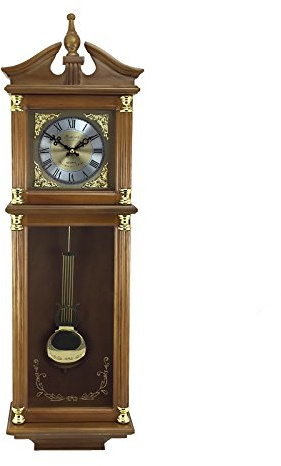 Bedford Clock Collection 34.5 Inch Chiming Pendulum Wall Clock in Antique Harvest Oak Finish