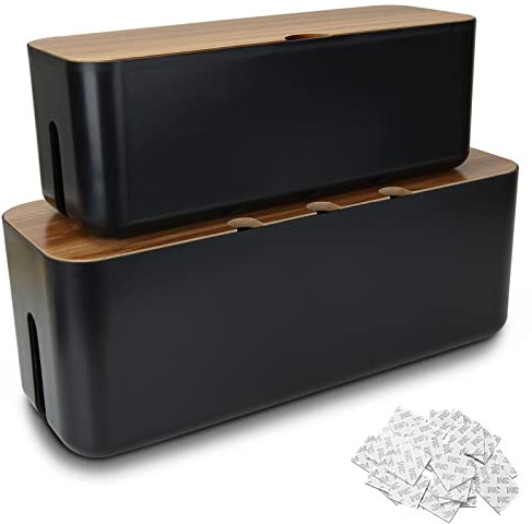 SENENQU 2er-Set Kabelbox schwarz, Große Kabel Organizer Box mit Holzdeckel für Kabel, Große und Kleine Kabelmanagement Box Adapter, Steckerleisten, Kabel Verstecken Box mit 20 Doppelseitige Aufkleber