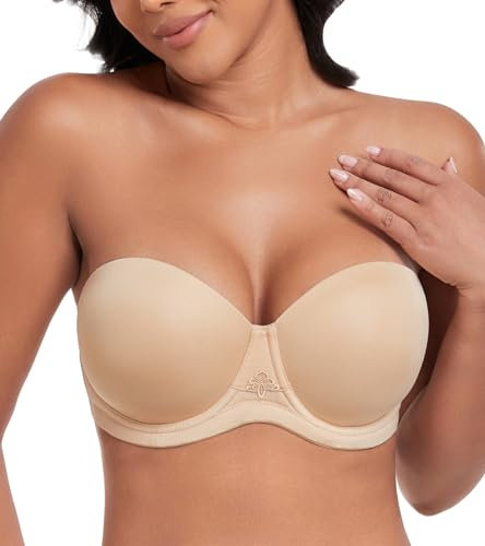 DotVol Damen Trägerloser BH Rückenfrei Ohne Träger Push Up Büstenhalter mit Geformte Cups für Abendkleider Ballkleider Brautkleider(70E,Beige)