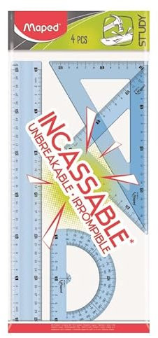 Maped Study - Ensemble incassable 4 pièces avec règle 30 cm, 2 équerres, rapporteur
