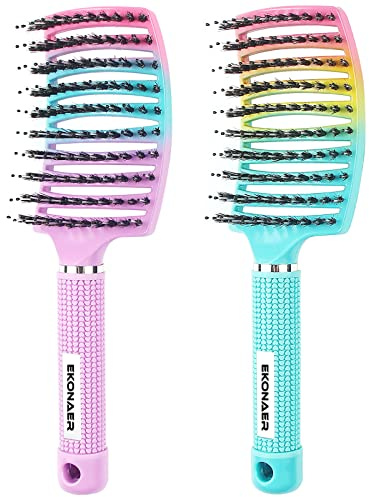2 Pack Detangling Brush Getting Knots Out without Pain Adds Shine and Makes Hair Smooth,Detangler Boar Bristle Hair Brush for Adult & Kids Wet or Dry Hair(Green&Pink)