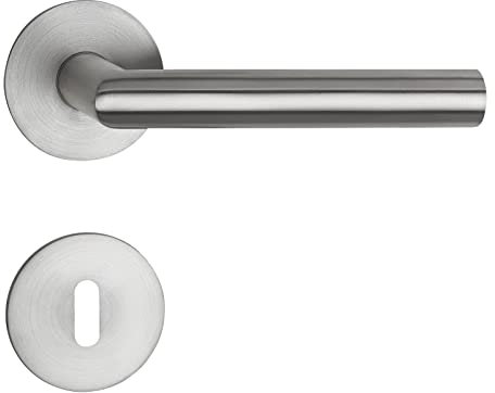 SOTECH Türdrückergarnitur THORE Buntbart (BB) Edelstahl SS304 gebürstet (130x60 mm Ø 20 mm, für Türstärken 35-52mm, Flachrosetten Höhe 3 mm, magnetische Cliptechnik) mit Befestigungsmaterial