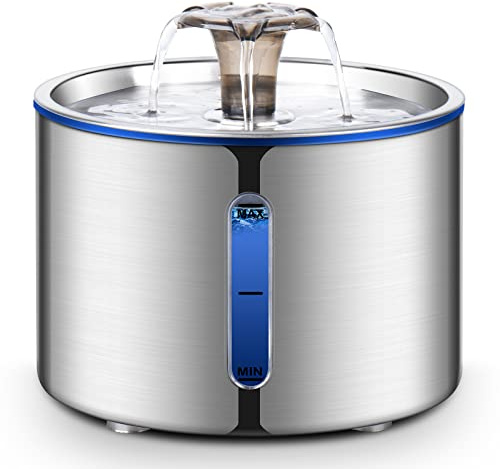 BOORCA Cat Water Fountain, 84oz/2.5L Stainless Steel Pet Water Fountain for Cats, Dogs and Multiple Pets, Automatic Dog Water Dispenser with Water Level Window, Ultra-Quiet Pump