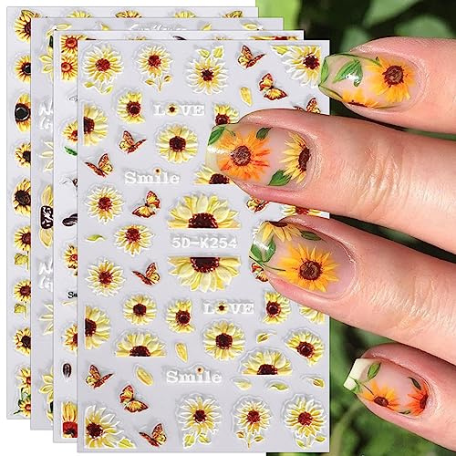 JMEOWIO 3D Girasol Verano Flor Pegatinas Para Uñas Autoadesiva 5D Nail Art Stickers Decoración 4 Hojas