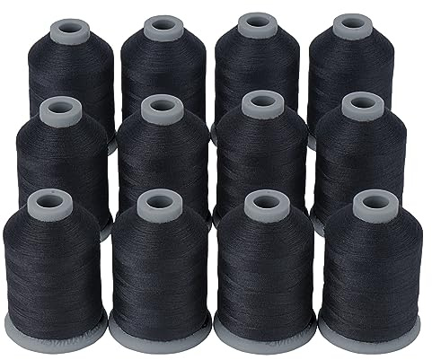 Simthread All Purpose Sewing Thread, 12 Spools Black, 40D/2 Polyester Thread, 765 Yards Each for Sewing Machine, Hand Sewing, Quilting, Repairs and DIY