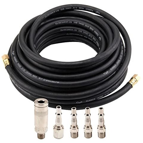 Holdfiturn Air Compressor Hose 15m Air Line Rubber Hose 9.5mm ID X 15mm OD Compressor Hose Kit 5 Quick Release Fittings 1/4 Pneumatic Air Hose Pressure 300Psi