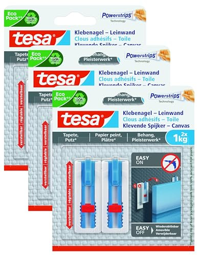 tesa Klebenagel Tapeten & Putz - höhenverstellbar - selbstklebender Nagel - ideal für Leinwand & Keilrahmen - hält bis 1kg/Nagel - spurlos ablösbar (Packung mit 3)