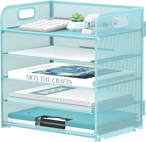 SUPTIDY 5 Trays Paper Organiser Letter Tray with Handle-Mesh Desk File Organiser, A4 Paper Sorter Desk Organiser for Office, Home or School, Blue