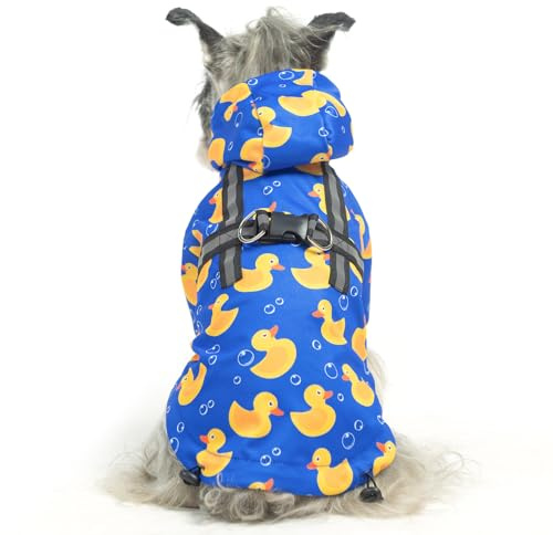 PUPTECK Dog Raincoat with Hood & Harness Built-in, Waterproof Dog Rain Jacket Slicker Poncho Reflective Vest Clothes for Rainy Snowy Winter Cold Days, Blue Duck M