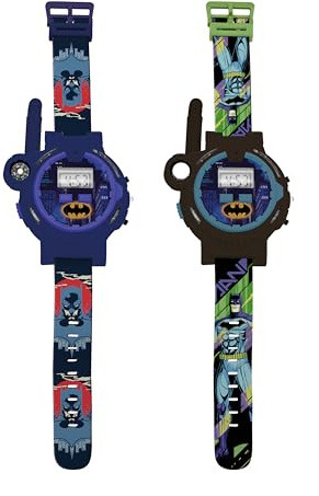 Lexibook, Batman, Walkie-Talkie-Uhren, 2 Stück, Reichweite bis zu 200m, Taschenlampe, Kompass, Wiederaufladbar, Schwarz/Grün und Blau/Rot, DMWTW1BAT
