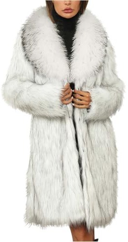 Womens Long Faux Fur Coat Winter Thicken Long Jacket Artificial Luxury Fur Overcoat Windproof Jackets Faux Fur Trim Trench Collar Warm Woolen Overcoats Fluffy Fuzzy Outerwear Ladies Shaggy Cardigan