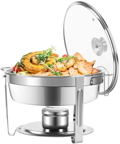 Chafing Disk Buffet Set, Chafing Disk Buffet Set med synligt glaslock, Rostfritt stål Runda Chafers Serveringsbuffévärmare for cateringfest Bröllop, Guld, 1Pack(Enfärg,1Pack)