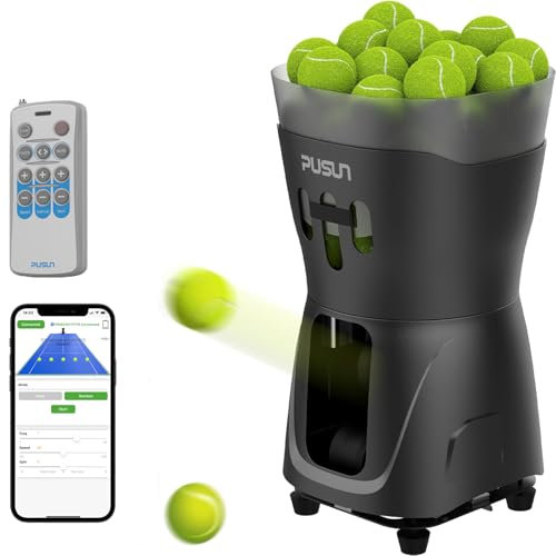 PUSUN Lanceur de balles de tennis pour enfants et débutants, capacité de plus de 65 balles, double contrôle via application et télécommande, autonomie de la batterie de 3 à 5 heures,