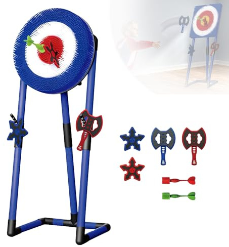 LwiftGal Axe Throw & Lawn Dart Game Set, Dart Game with 2 Axes 2 Six-Star Dart & 2 Darts, Foldable Safe Dart Game Toy Sturdy Frame, for Kids Adults,Family Parent-Child Blue-Round