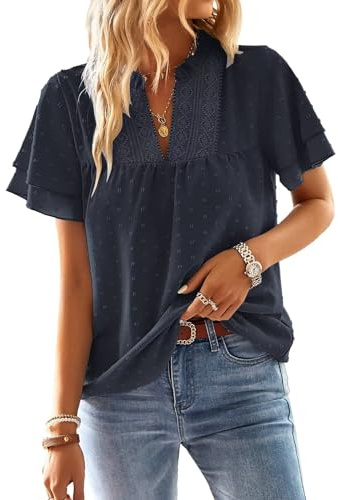 TUUHAW Camisetas Manga Corta Mujer Cuello en V Blusa Verano Elegante Top | Boho Túnica, Volantes Encaje, Casual Plisada Ropa, Boho Cómodo Camiseta, Suelto Dentella Tops, Plisada Color Sólido Holgadas
