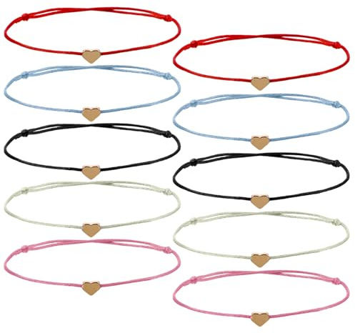 Skrfren 10 Pack Heart Friendship Bracelets, Adjustable Heart Bracelet with Gold Hearts Cord Red Bracelets for Women with Gold Hearts, Red Thread Bracelet for Women Friends Partners Lovers