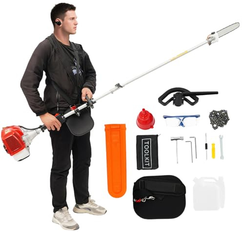 43 cm³ bensin hög knapp, 1,25 kW, 1,7 hk, teleskopsåg, 2-takt 2,4–3,5 m teleskop professionell grensåg, 6 500 varv/min manuell start motorsåg, med 1 000 ml bränsletank och 30,48 cm svärd