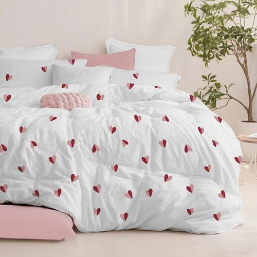 Dreamzie Copripiumino da 3 Pezzi – Copripiumino Matrimoniale 200x220cm, Federe 80x80cm (x2) – Fantasia Cuori Rossi/Rosa