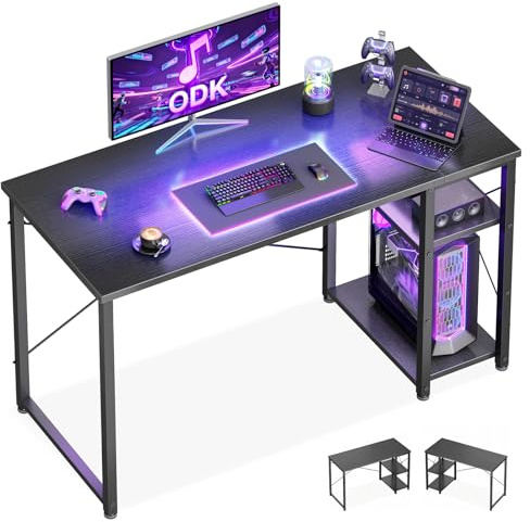 ODK Gaming Desk with Shelves, Small Computer Desk, 120 x 48 cm, Black | Office Desk with Adjustable Shelves, Reversible PC Desk for Gamers and Workers, Simple Assembly, Modern Style in Small Space